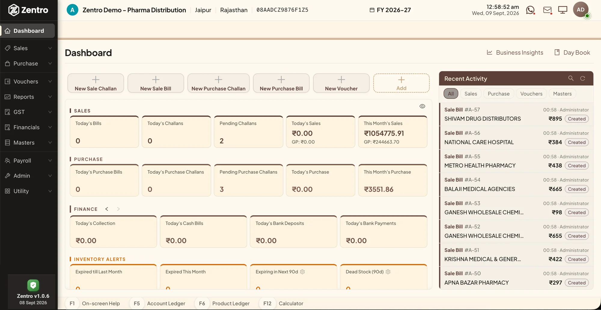 Zentro ERP billing dashboard