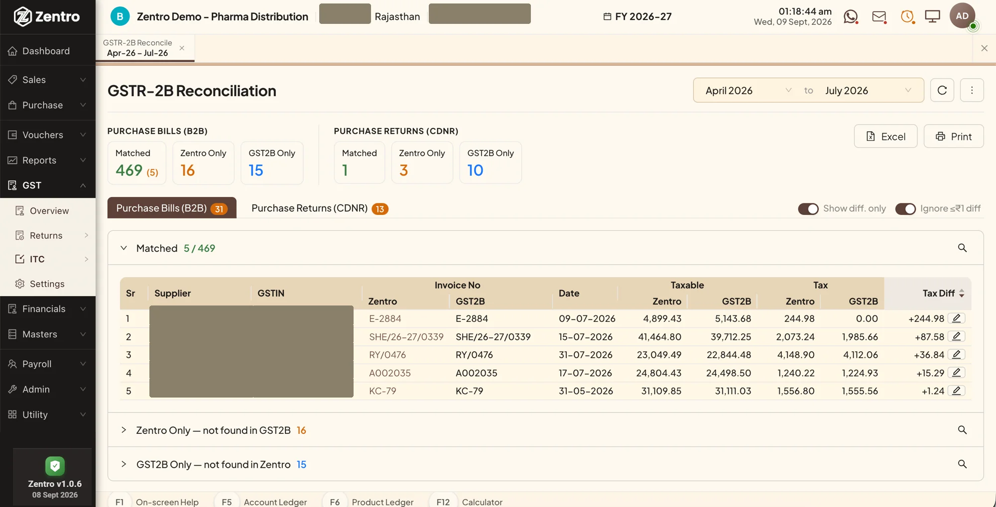 Zentro ERP GSTR-2B reconciliation